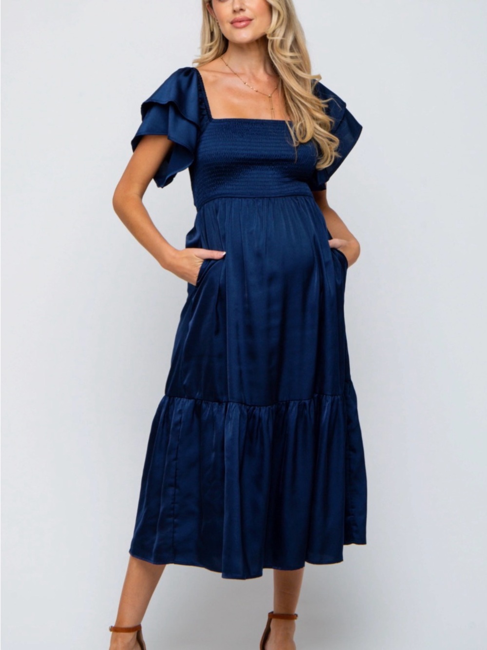 PinkBlush navy satin flutter sleeves midi maternity dress